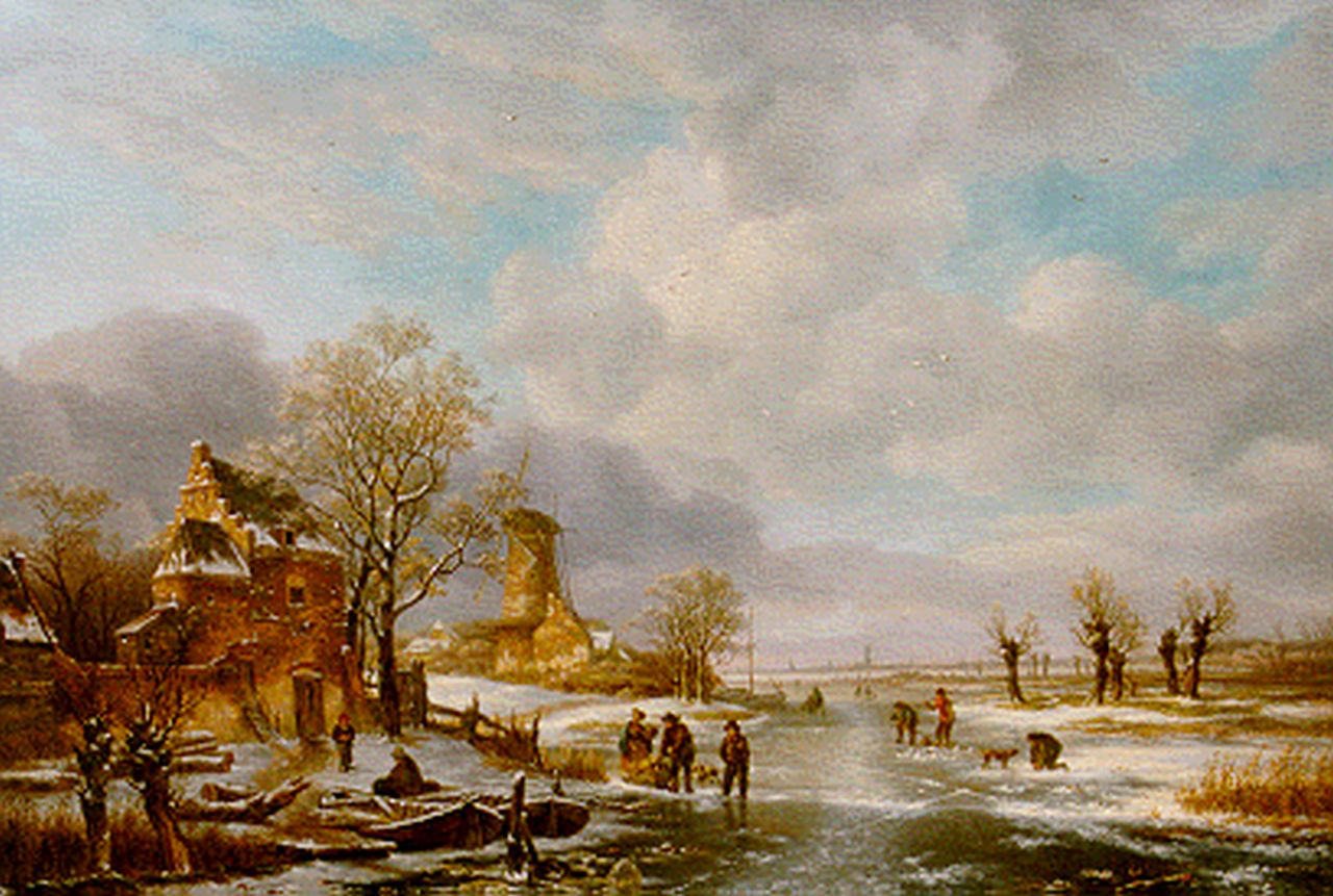 Offermans A.J.  | Anthony Jacobus Offermans, IJsgezicht met Rotterdam in het verschiet, olieverf op paneel 52,0 x 76,5 cm, gesigneerd linksonder