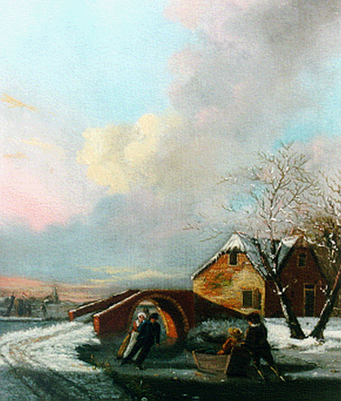 Callenfels J.  | Callenfels, Schaatsers bij zonsondergang, olieverf op paneel 20,8 x 17,8 cm