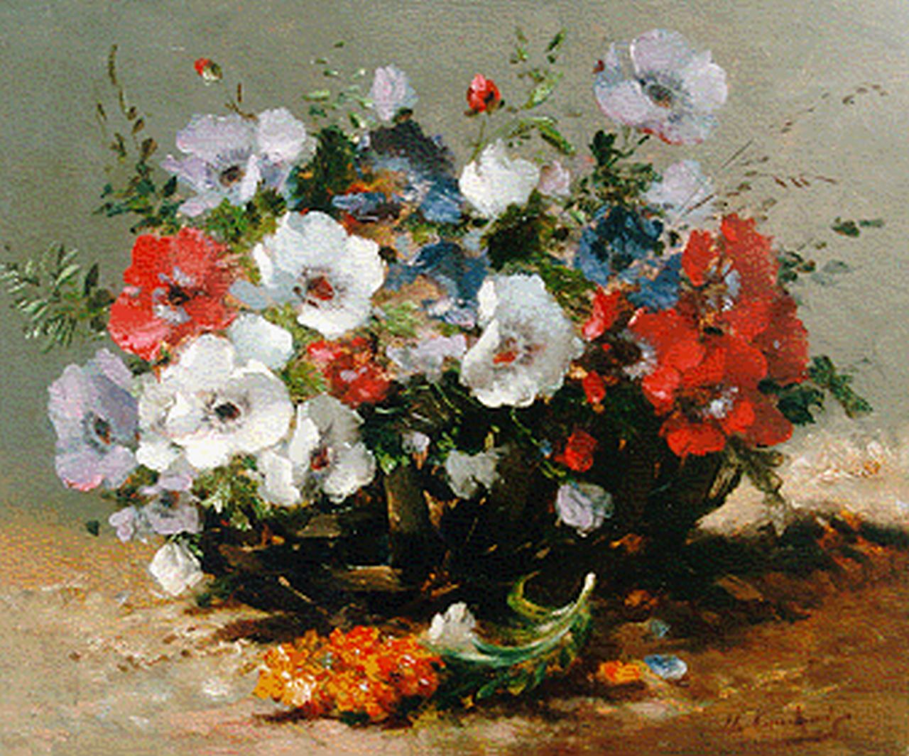 Cauchois E.H. | Eugène-Henri Cauchois, Anemonen in een mand, olieverf op doek 37,7 x 46,2 cm, gesigneerd rechtsonder Cauchois E.H. | Eugène-Henri Cauchois, Anemonen in een mand, olieverf op doek 37,7 x 46,2 cm, gesigneerd rechtsonder