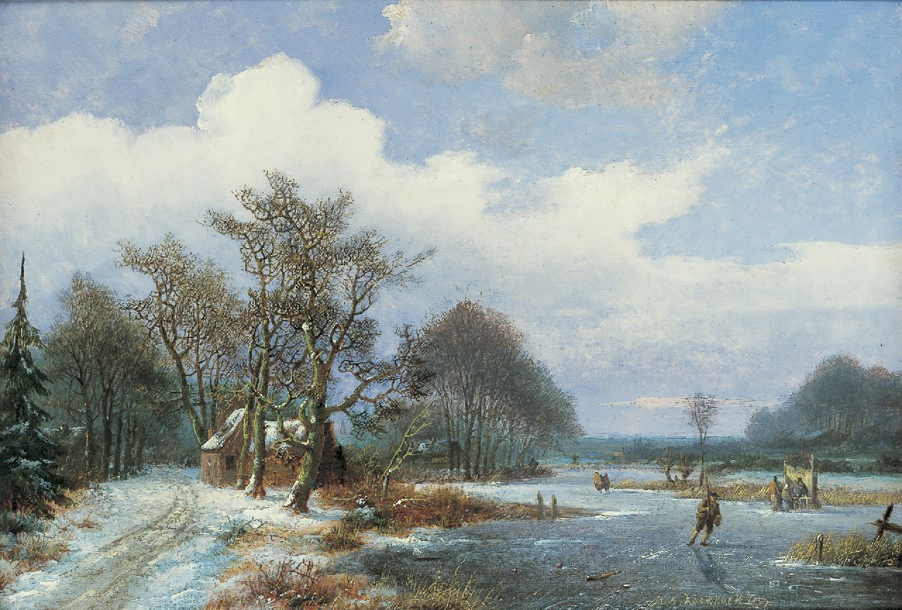Koekkoek I M.A. | Marinus Adrianus Koekkoek I, Winterlandschap met schaatsers, olieverf op paneel 23,8 x 35,1 cm, gesigneerd rechtsonder en gedateerd 1859 Koekkoek I M.A. | Marinus Adrianus Koekkoek I, Winterlandschap met schaatsers, olieverf op paneel 23,8 x 35,1 cm, gesigneerd rechtsonder en gedateerd 1859