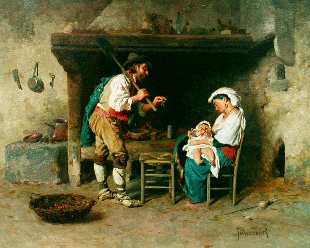 Innocenti C.  | Camilio Innocenti, Kersen voor de baby, olieverf op paneel 25,9 x 31,8 cm, gesigneerd rechtsonder