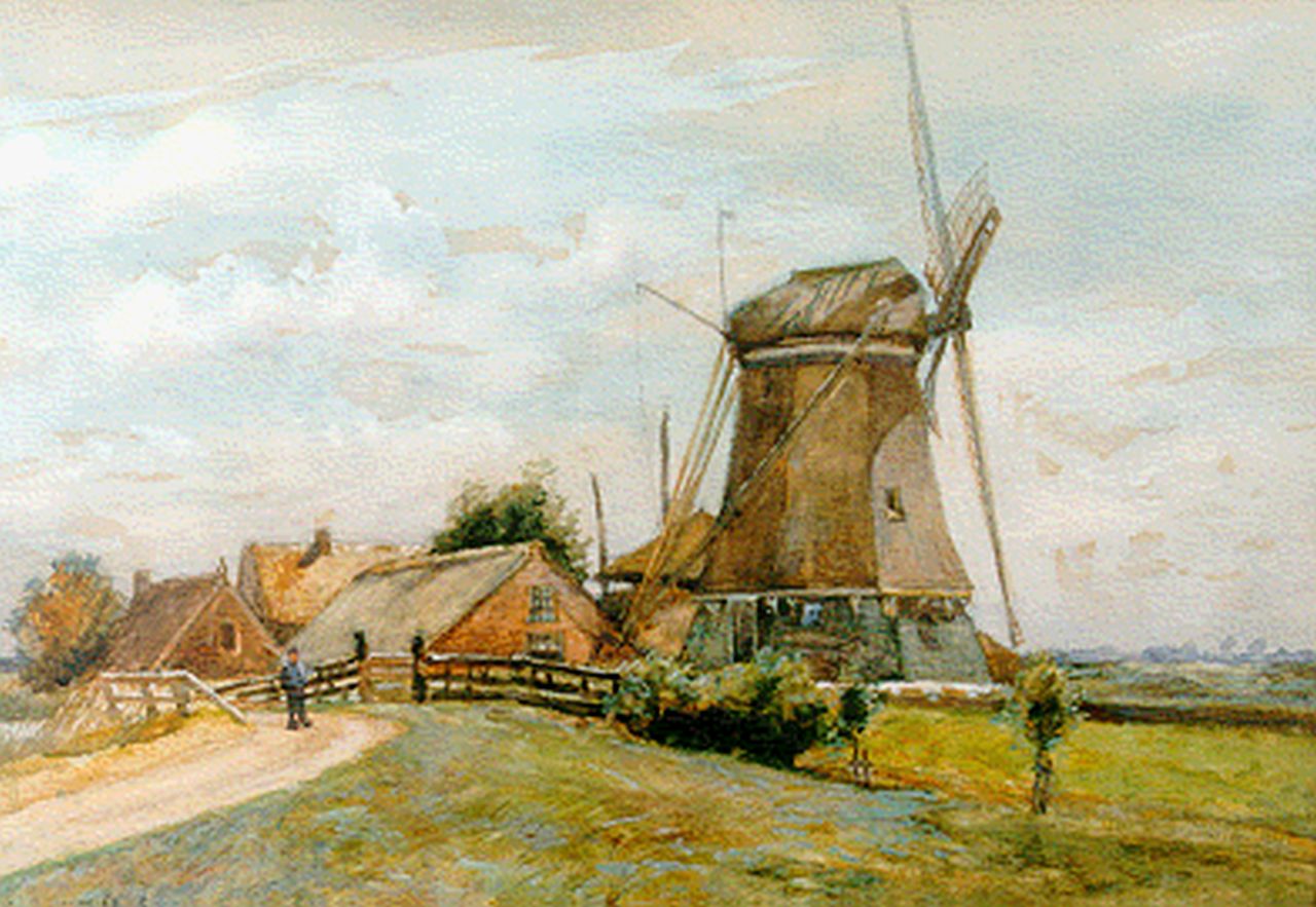 Koekkoek G.J. | Gerardus Johannes 'Gerard' Koekkoek, Molen in polderlandschap, aquarel op papier 34,0 x 48,0 cm, gesigneerd linksonder en gedateerd 1901 Koekkoek G.J. | Gerardus Johannes 'Gerard' Koekkoek, Molen in polderlandschap, aquarel op papier 34,0 x 48,0 cm, gesigneerd linksonder en gedateerd 1901