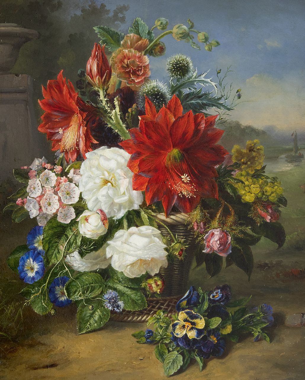 Hamburger H.A. | Helen Augusta 'Hélène' Hamburger, Bloemen in rieten mand, olieverf op paneel 52,0 x 43,5 cm Hamburger H.A. | Helen Augusta 'Hélène' Hamburger, Bloemen in rieten mand, olieverf op paneel 52,0 x 43,5 cm