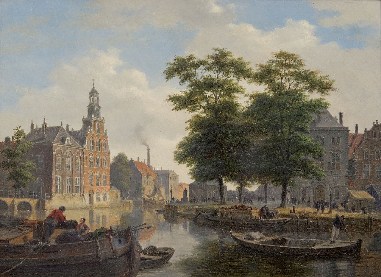 Hove B.J. van | Bartholomeus Johannes 'Bart' van Hove | Schilderijen te koop aangeboden | Zomers stadsgezicht met scheepsverkeer en figuren (pendant van Winterse kade met stadspoort; alleen tezamen), olieverf op paneel 28,4 x 39,0 cm, gesigneerd linksonder Hove B.J. van | Bartholomeus Johannes 'Bart' van Hove | Schilderijen te koop aangeboden | Zomers stadsgezicht met scheepsverkeer en figuren (pendant van Winterse kade met stadspoort; alleen tezamen), olieverf op paneel 28,4 x 39,0 cm, gesigneerd linksonder