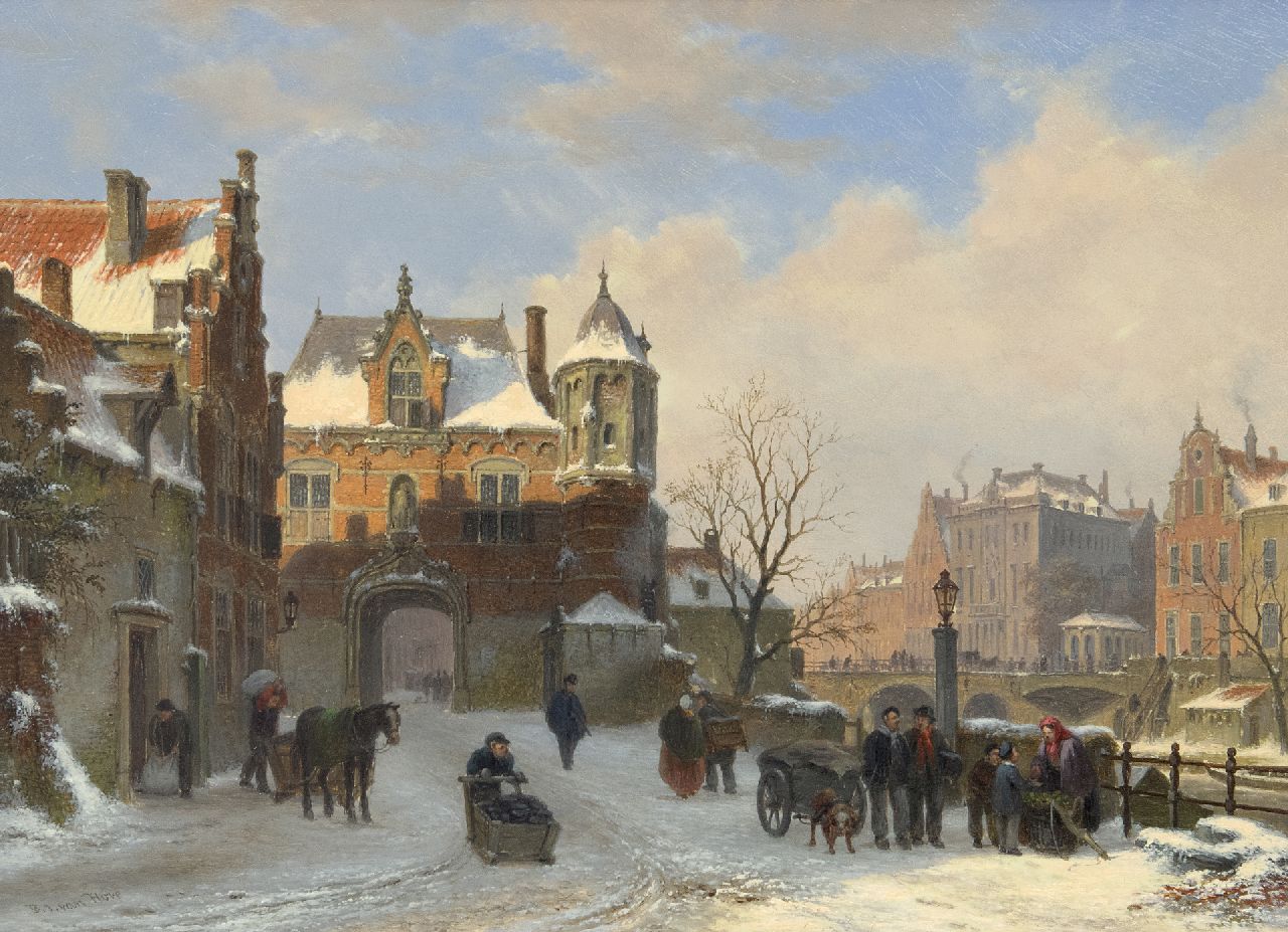 Hove B.J. van | Bartholomeus Johannes 'Bart' van Hove | Schilderijen te koop aangeboden | Winterse kade met stadspoort (pendant van Zomers stadsgezicht met scheepsverkeer en figuren; alleen tezamen), olieverf op paneel 28,6 x 39,2 cm, gesigneerd linksonder Hove B.J. van | Bartholomeus Johannes 'Bart' van Hove | Schilderijen te koop aangeboden | Winterse kade met stadspoort (pendant van Zomers stadsgezicht met scheepsverkeer en figuren; alleen tezamen), olieverf op paneel 28,6 x 39,2 cm, gesigneerd linksonder