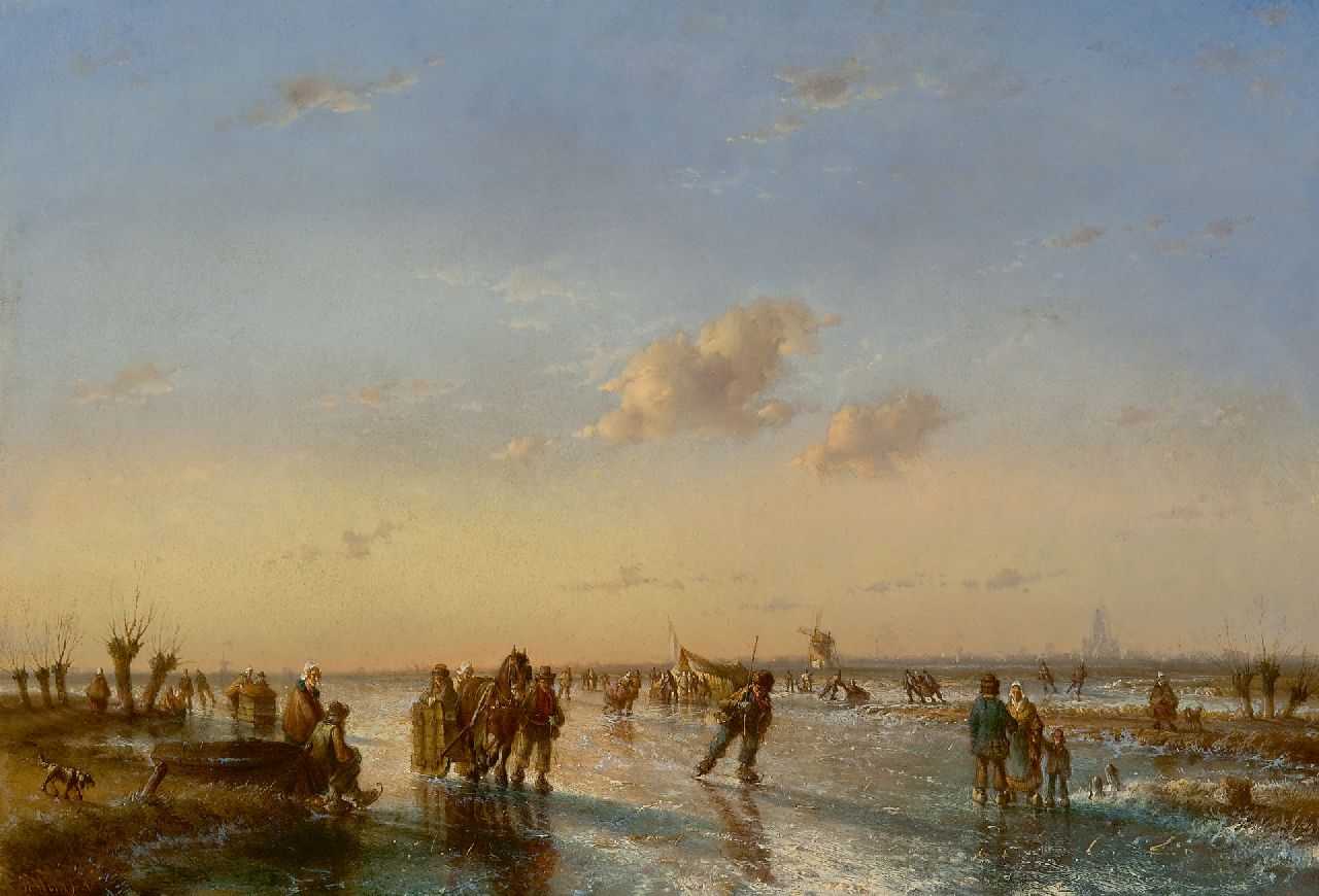Morel II J.E.  | Jan Evert Morel II | Schilderijen te koop aangeboden | Winterlandschap met schaatsers, olieverf op paneel 34,2 x 49,5 cm, gesigneerd linksonder en gedateerd '58