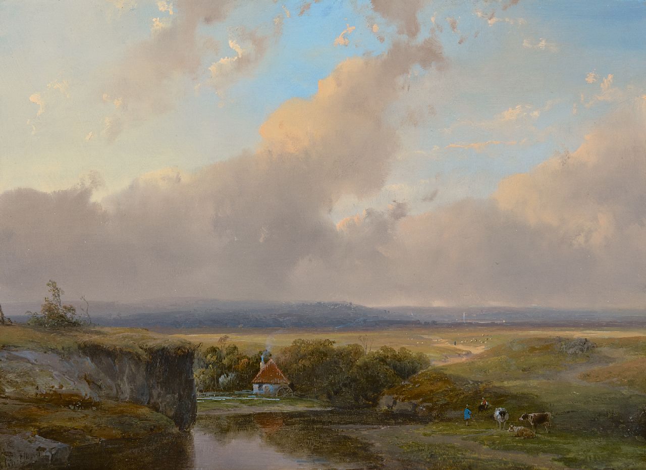 Schelfhout A.  | Andreas Schelfhout | Schilderijen te koop aangeboden | Riviervallei met watermolen, olieverf op paneel 23,3 x 31,5 cm, gesigneerd linksonder