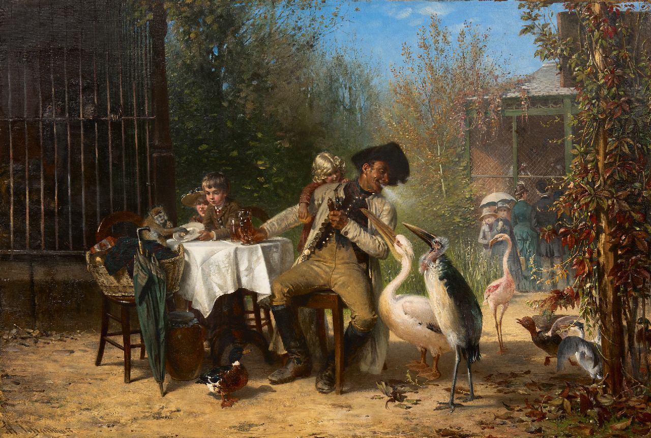 Schaumann W.H. | Wilhelm 'Heinrich' Schaumann, De opdringerige bedelaars van de dierentuin, olieverf op doek 67,4 x 100,4 cm, gesigneerd linksonder Schaumann W.H. | Wilhelm 'Heinrich' Schaumann, De opdringerige bedelaars van de dierentuin, olieverf op doek 67,4 x 100,4 cm, gesigneerd linksonder