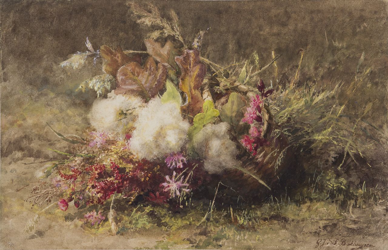 Sande Bakhuyzen G.J. van de | 'Gerardine' Jacoba van de Sande Bakhuyzen | Aquarellen en tekeningen te koop aangeboden | Herfstboeket in mandje op de bosgrond, aquarel op papier 33,8 x 52,3 cm, gesigneerd rechtsonder Sande Bakhuyzen G.J. van de | 'Gerardine' Jacoba van de Sande Bakhuyzen | Aquarellen en tekeningen te koop aangeboden | Herfstboeket in mandje op de bosgrond, aquarel op papier 33,8 x 52,3 cm, gesigneerd rechtsonder