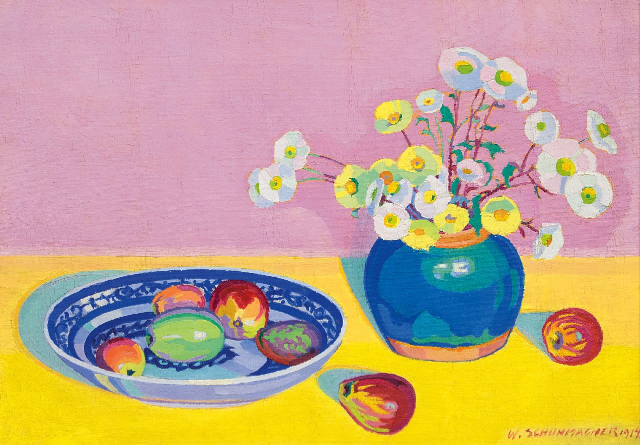 Schuhmacher W.G.C. | Wijtze Gerrit Carel 'Wim' Schuhmacher | Schilderijen te koop aangeboden | Stilleven met fruit en papavers, olieverf op doek 62,5 x 45,2 cm, gesigneerd rechtsonder en gedateerd 1914 Schuhmacher W.G.C. | Wijtze Gerrit Carel 'Wim' Schuhmacher | Schilderijen te koop aangeboden | Stilleven met fruit en papavers, olieverf op doek 62,5 x 45,2 cm, gesigneerd rechtsonder en gedateerd 1914