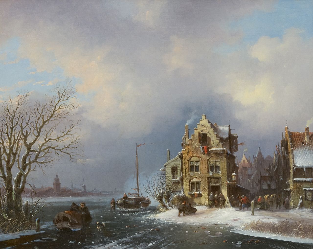 Stok J. van der | Jacobus van der Stok | Schilderijen te koop aangeboden | Bedrijvigheid in een stad aan een bevroren rivier, olieverf op doek 40,8 x 50,6 cm, gesigneerd rechtsonder en gedateerd '59 Stok J. van der | Jacobus van der Stok | Schilderijen te koop aangeboden | Bedrijvigheid in een stad aan een bevroren rivier, olieverf op doek 40,8 x 50,6 cm, gesigneerd rechtsonder en gedateerd '59