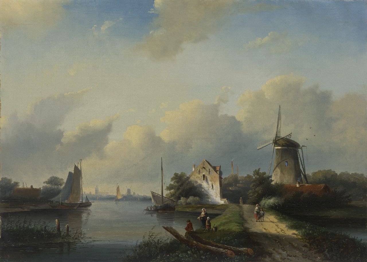 Spohler J.J.  | Jan Jacob Spohler | Schilderijen te koop aangeboden | Zomerlandschap met figuren bij een vaart, olieverf op doek 56,6 x 78,4 cm, gesigneerd linksonder