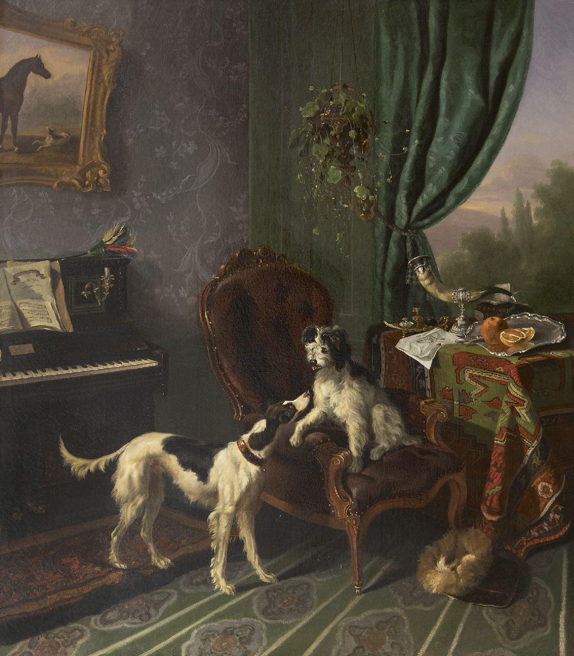 Verschuur W. | Wouterus Verschuur | Schilderijen te koop aangeboden | Muziekkamer met twee honden, olieverf op doek 90,0 x 79,0 cm, te dateren ca. 1848-1850 Verschuur W. | Wouterus Verschuur | Schilderijen te koop aangeboden | Muziekkamer met twee honden, olieverf op doek 90,0 x 79,0 cm, te dateren ca. 1848-1850