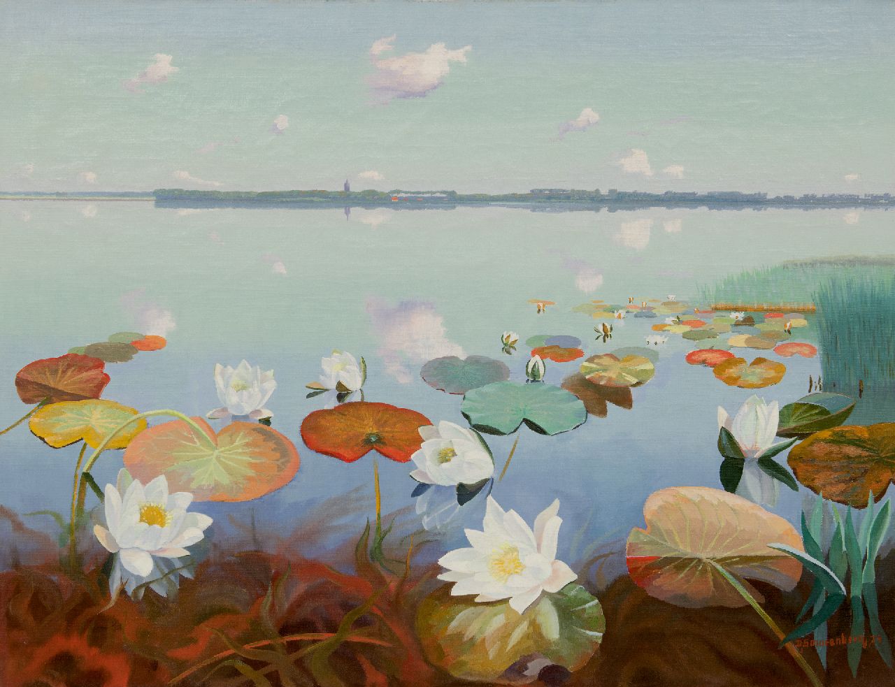Smorenberg D.  | Dirk Smorenberg | Schilderijen te koop aangeboden | Plasgezicht met waterlelies, olieverf op doek 70,2 x 89,9 cm, gesigneerd rechtsonder en gedateerd '24