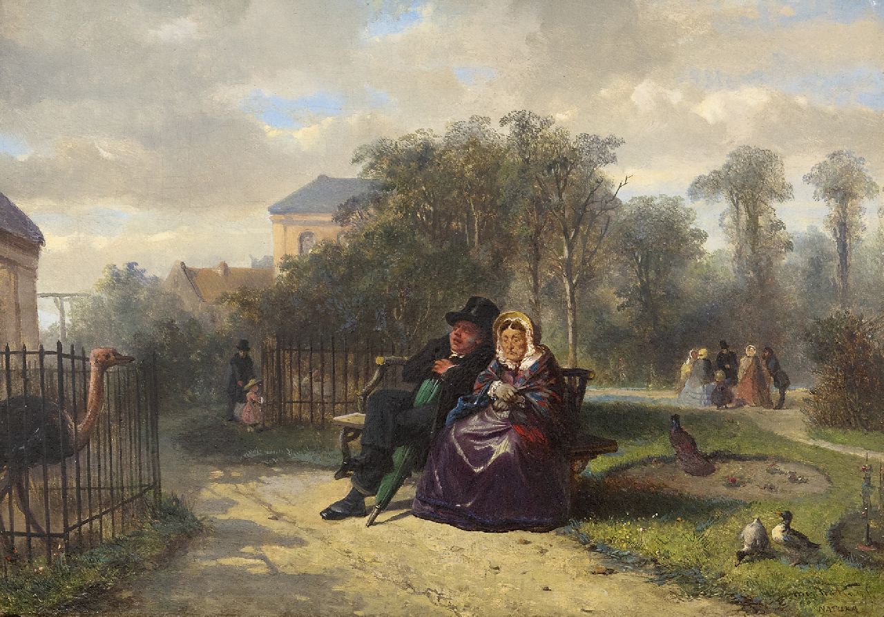 Kate J.M.H. ten | Johan 'Mari' Henri ten Kate, Bezoekje aan Artis in Amsterdam, olieverf op paneel 26,9 x 38,3 cm, gesigneerd rechtsonder en gedateerd 1860 verso op etiket Kate J.M.H. ten | Johan 'Mari' Henri ten Kate, Bezoekje aan Artis in Amsterdam, olieverf op paneel 26,9 x 38,3 cm, gesigneerd rechtsonder en gedateerd 1860 verso op etiket
