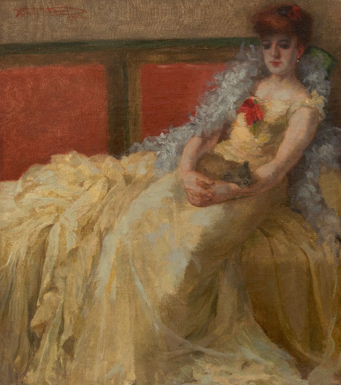 Thomas H.J. | Henri Joseph Thomas | Schilderijen te koop aangeboden | Vrouw in baljurk met schoothondje, olieverf op doek 56,9 x 50,5 cm, gesigneerd linksboven en gedateerd 1924 Thomas H.J. | Henri Joseph Thomas | Schilderijen te koop aangeboden | Vrouw in baljurk met schoothondje, olieverf op doek 56,9 x 50,5 cm, gesigneerd linksboven en gedateerd 1924