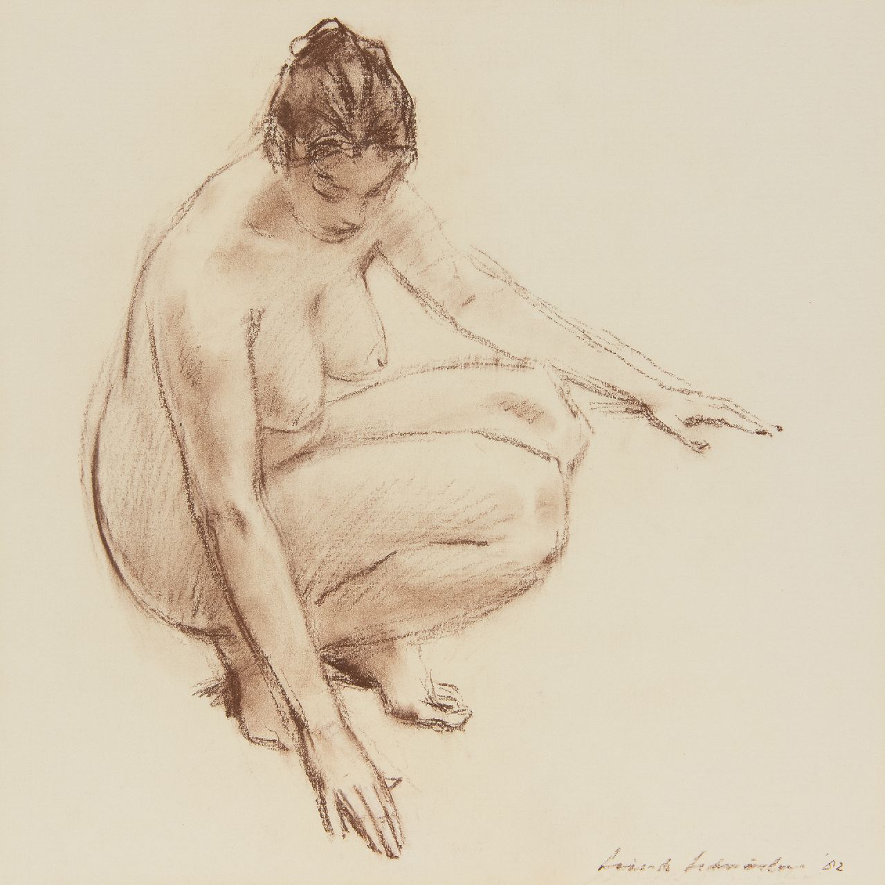 Schröder S.C.  | 'Sierk' Carl Schröder, Hurkend naakt, krijt op papier 35,8 x 35,8 cm, gesigneerd rechtsonder en gedateerd '82