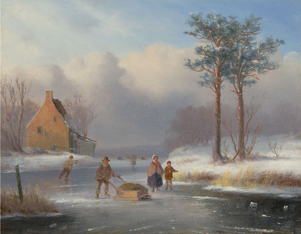Ahrendts C.E.  | Carl Eduard Ahrendts, Winters rivierlandschap met schaatsende figuren, olieverf op paneel 19,2 x 23,7 cm, gesigneerd rechtsonder vaag