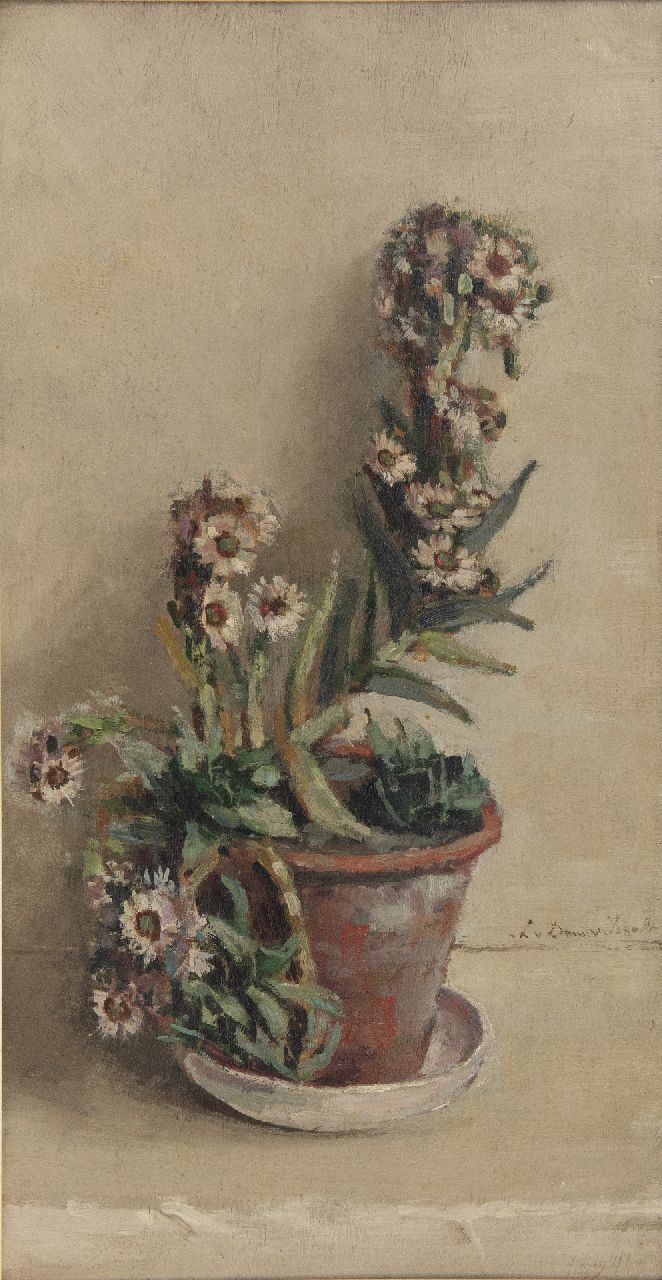 Dam van Isselt L. van | Lucie van Dam van Isselt, Bloeiende vetplant, olieverf op board 61,0 x 32,2 cm, gesigneerd rechts van het midden Dam van Isselt L. van | Lucie van Dam van Isselt, Bloeiende vetplant, olieverf op board 61,0 x 32,2 cm, gesigneerd rechts van het midden