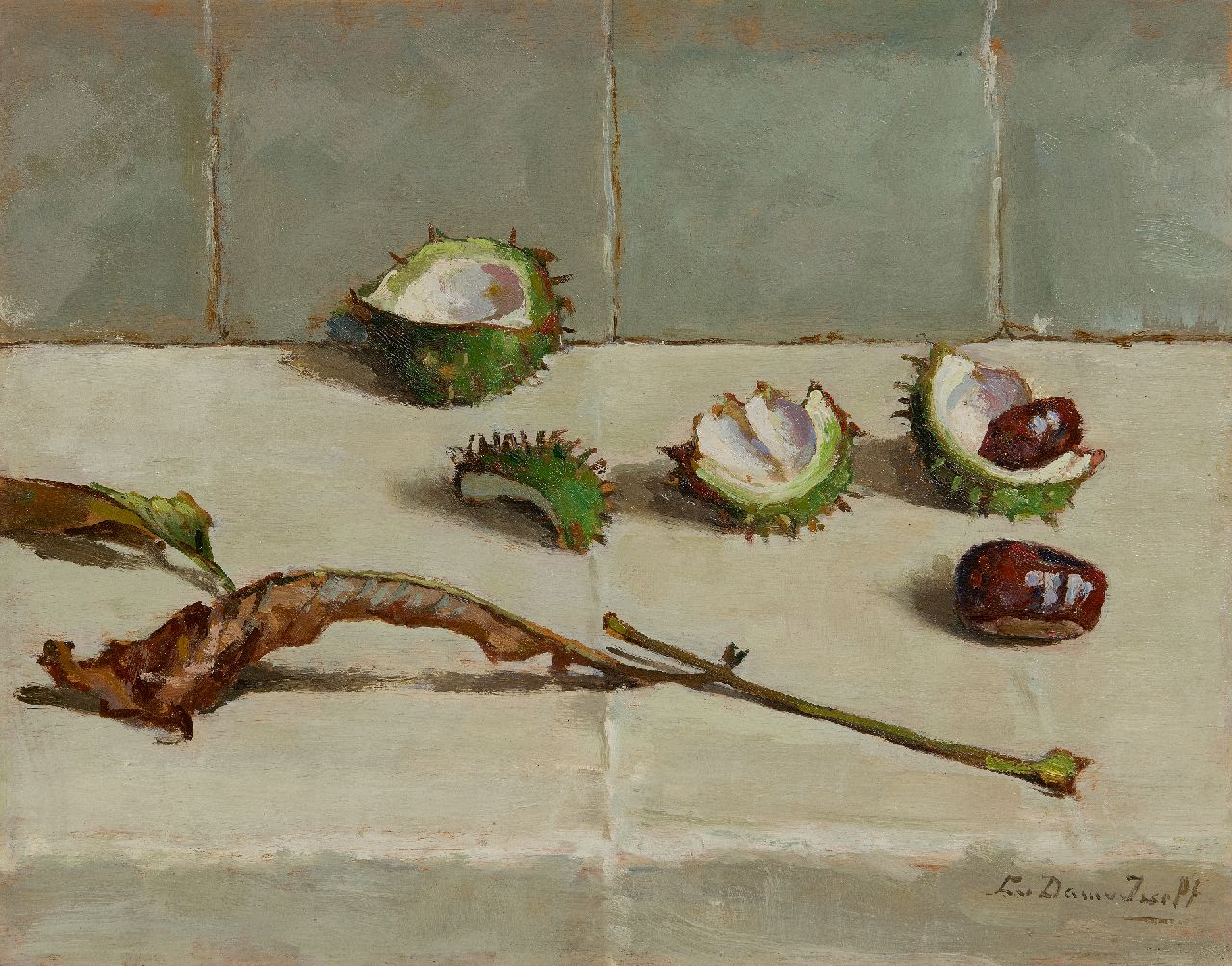 Dam van Isselt L. van | Lucie van Dam van Isselt, Stilleven van kastanjes, bolsters en blad, olieverf op paneel 31,7 x 40,1 cm, gesigneerd rechtsonder Dam van Isselt L. van | Lucie van Dam van Isselt, Stilleven van kastanjes, bolsters en blad, olieverf op paneel 31,7 x 40,1 cm, gesigneerd rechtsonder