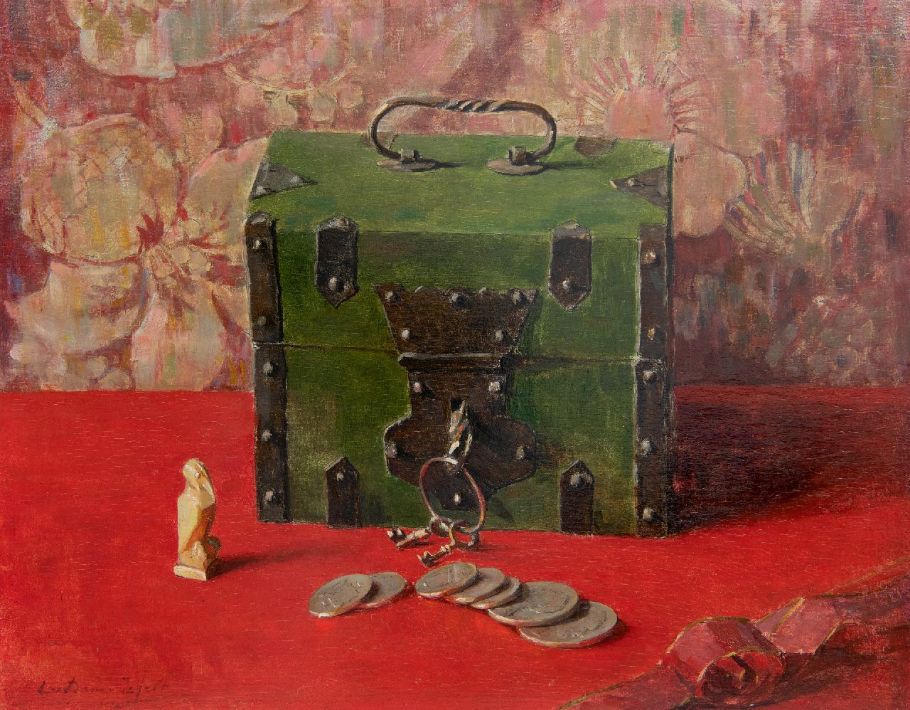 Lucie van Dam van Isselt | Stilleven met groene geldkist, olieverf op paneel, 31,1 x 39,5 cm, gesigneerd l.o. Lucie van Dam van Isselt | Stilleven met groene geldkist, olieverf op paneel, 31,1 x 39,5 cm, gesigneerd l.o.