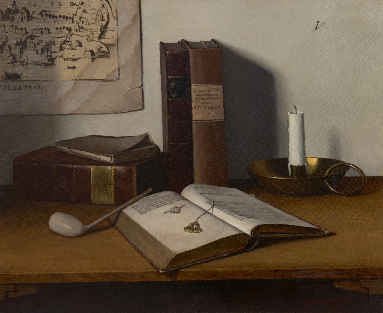 Timmers A.  | Adrianus 'Adriaan' Timmers | Schilderijen te koop aangeboden | Stilleven met kaars, pijpje en boeken, olieverf op doek 46,5 x 56,2 cm, gesigneerd rechtsonder en gedateerd 1935