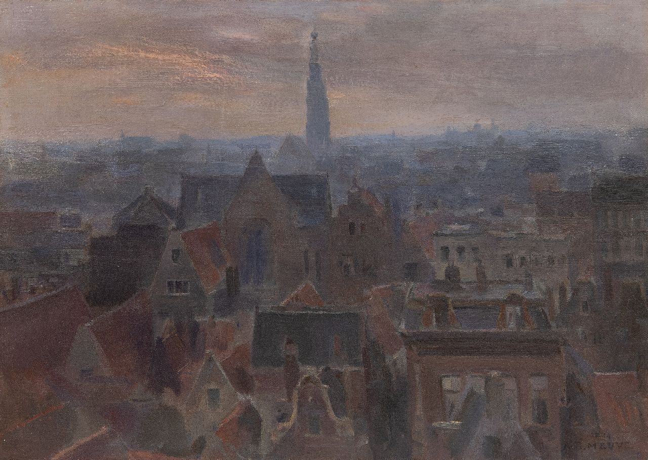 Mauve jr. A.R. | Anton Rudolf Mauve jr. | Schilderijen te koop aangeboden | Uitzicht over Amsterdamse daken en de Westertoren, olieverf op doek 35,9 x 49,6 cm, gesigneerd met rechtsonder stempel 'Atelier A.R. Mauve' en zonder lijst Mauve jr. A.R. | Anton Rudolf Mauve jr. | Schilderijen te koop aangeboden | Uitzicht over Amsterdamse daken en de Westertoren, olieverf op doek 35,9 x 49,6 cm, gesigneerd met rechtsonder stempel 'Atelier A.R. Mauve' en zonder lijst