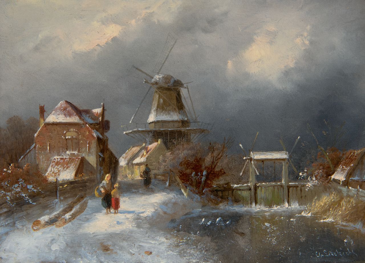 Leickert C.H.J. | 'Charles' Henri Joseph Leickert, Winterlandschap met figuren bij een sluisje, olieverf op paneel 19,3 x 26,0 cm, gesigneerd rechtsonder Leickert C.H.J. | 'Charles' Henri Joseph Leickert, Winterlandschap met figuren bij een sluisje, olieverf op paneel 19,3 x 26,0 cm, gesigneerd rechtsonder