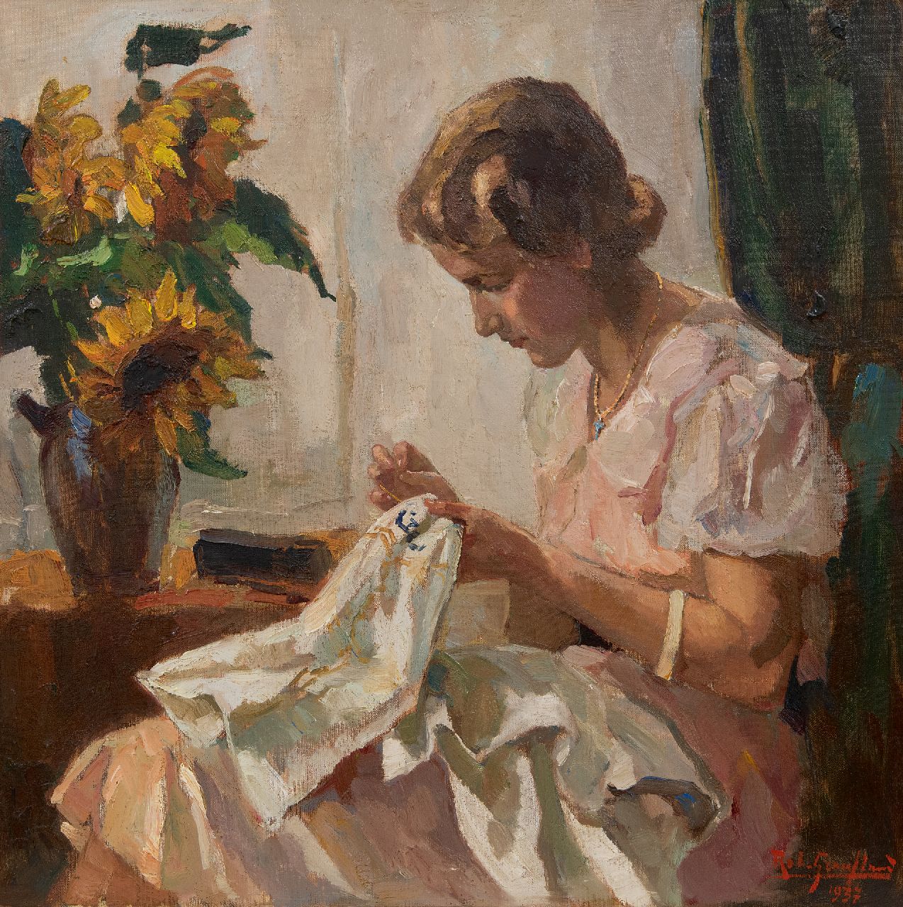 Graafland R.A.A.J.  | Robert Archibald Antonius Joan 'Rob' Graafland | Schilderijen te koop aangeboden | Vrouw handwerkend bij een raam, olieverf op doek 60,5 x 60,4 cm, gesigneerd rechtsonder en gedateerd 1937, zonder lijst