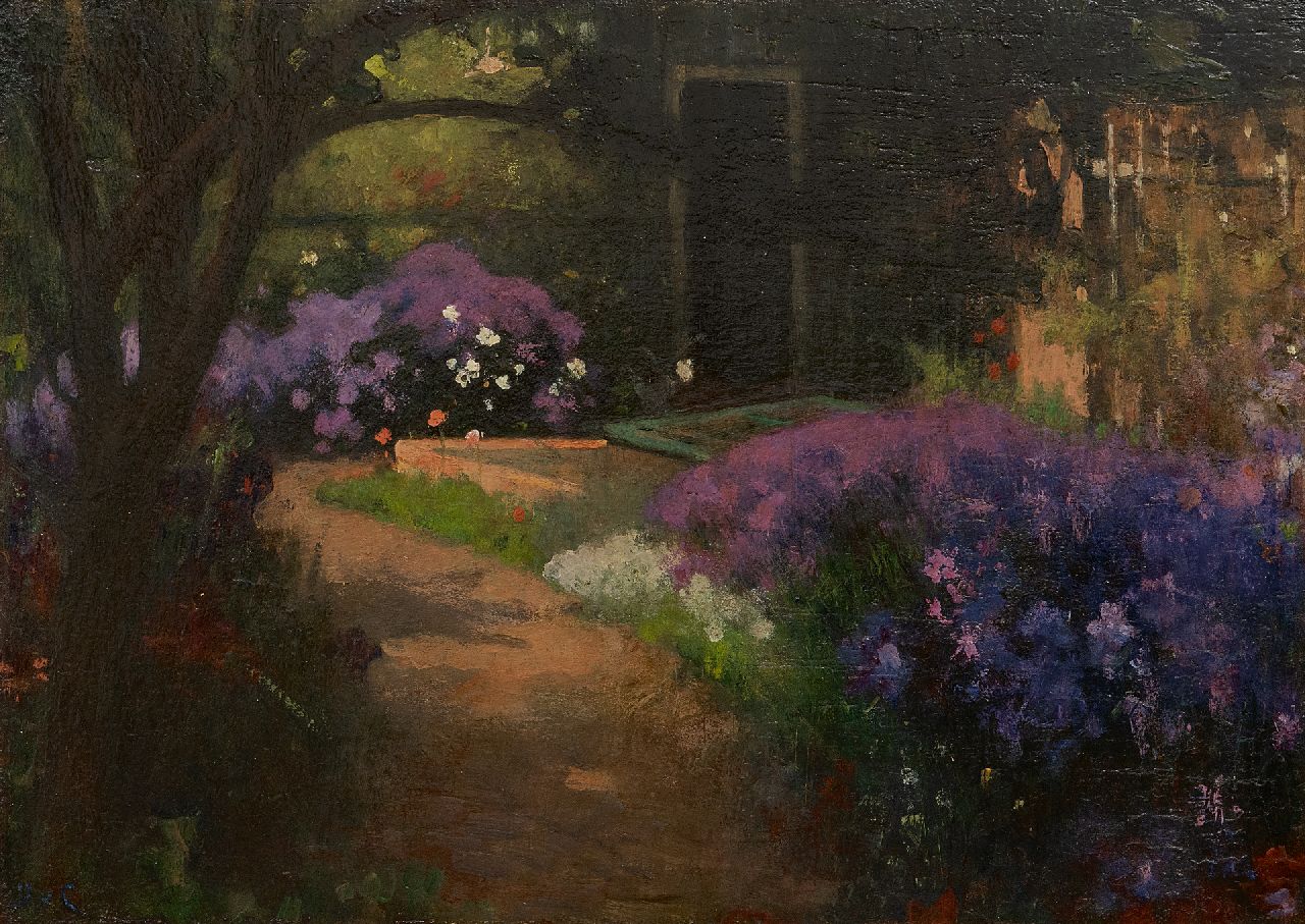 Looy J. van | Jacobus van Looy | Schilderijen te koop aangeboden | Tuin in Haarlem, olieverf op paneel 26,8 x 37,0 cm, gesigneerd linksonder met initialen en te dateren 1907-1930