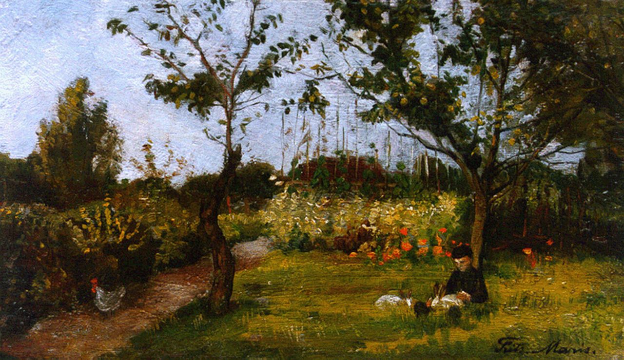Maris F.J.J.  | Ferdinand Johannes Jacobus 'Frits' Maris, Kind met konijntjes in de tuin, olieverf op paneel 13,5 x 23,0 cm, gesigneerd rechtsonder