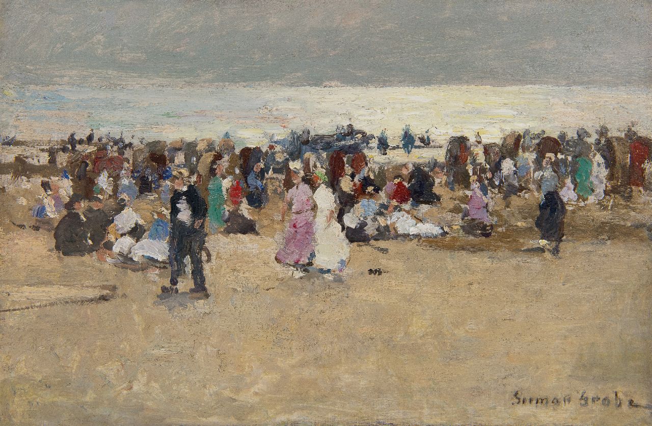 Grobe P.G. | Philipp 'German' Grobe, Kleurrijke drukte op het strand, olieverf op paneel 23,9 x 36,0 cm, gesigneerd rechtsonder Grobe P.G. | Philipp 'German' Grobe, Kleurrijke drukte op het strand, olieverf op paneel 23,9 x 36,0 cm, gesigneerd rechtsonder