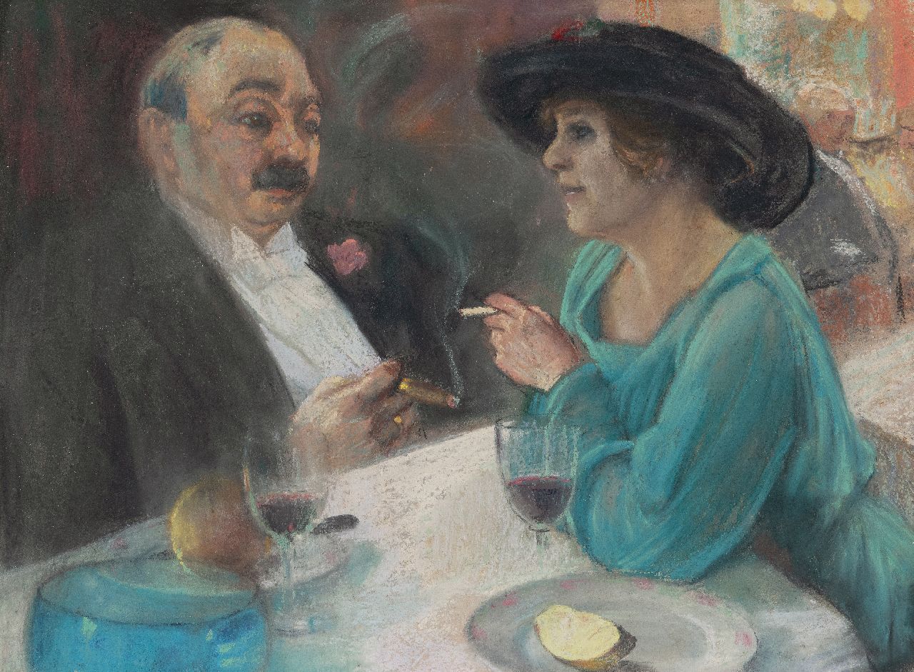 Onbekend   | Onbekend | Aquarellen en tekeningen te koop aangeboden | Man en vrouw in een café, pastel op papier 35,5 x 47,6 cm