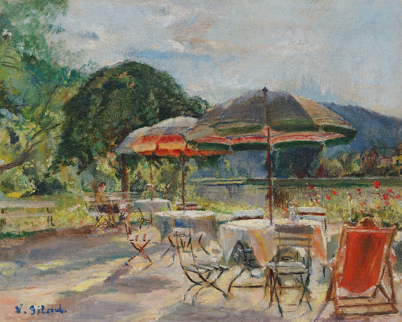 Gilsoul V.O.  | 'Victor' Olivier Gilsoul | Schilderijen te koop aangeboden | Terrasje aan het water, olieverf op doek 32,1 x 40,1 cm, gesigneerd linksonder