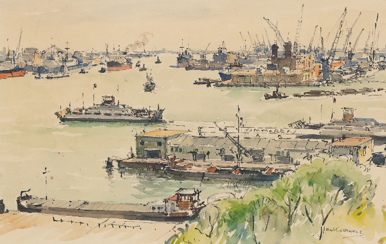 Korthals J. | Johannes 'Jan' Korthals, Havengezicht, Rotterdam, aquarel op papier 29,9 x 46,7 cm, gesigneerd rechtsonder Korthals J. | Johannes 'Jan' Korthals, Havengezicht, Rotterdam, aquarel op papier 29,9 x 46,7 cm, gesigneerd rechtsonder