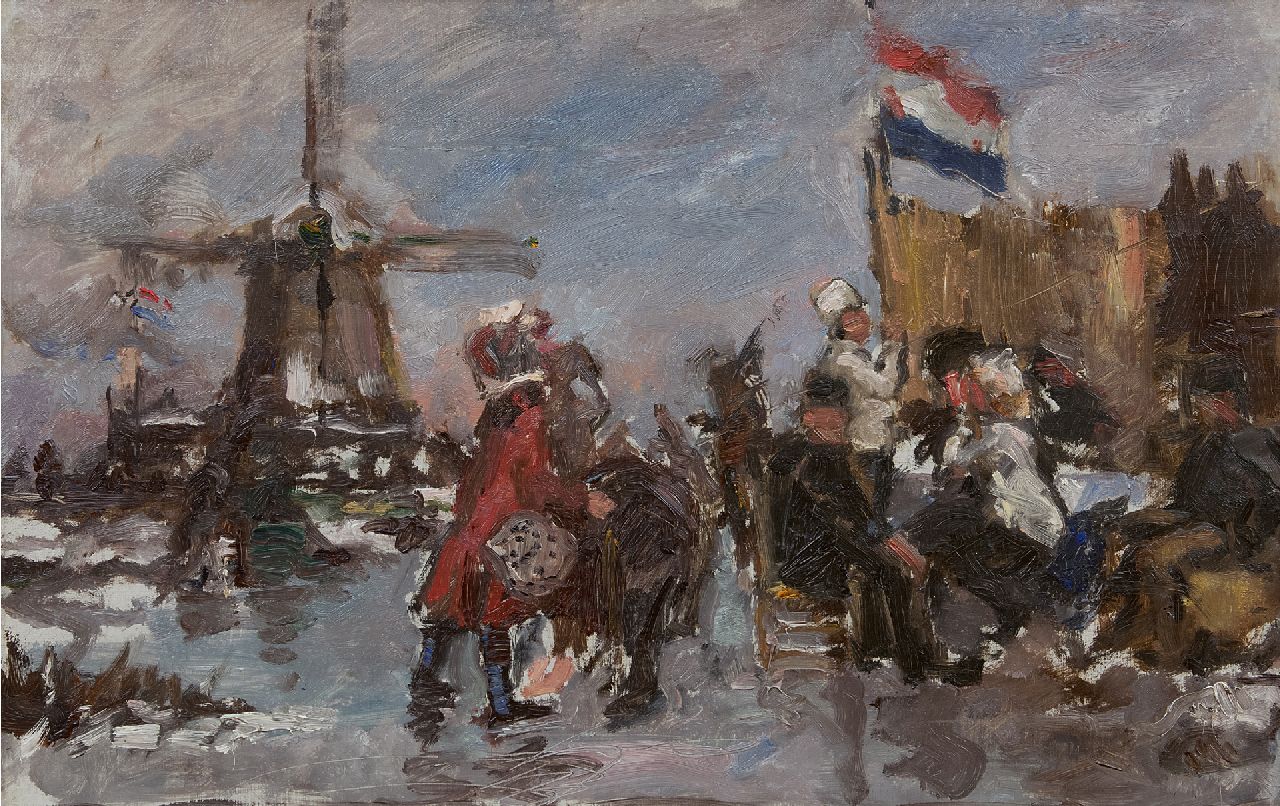 Roelofs O.W.A. | Otto Willem Albertus 'Albert' Roelofs | Schilderijen te koop aangeboden | IJsvermaak bij een koek-en-zopie, olieverf op doek 39,8 x 60,3 cm, te dateren 1899 Roelofs O.W.A. | Otto Willem Albertus 'Albert' Roelofs | Schilderijen te koop aangeboden | IJsvermaak bij een koek-en-zopie, olieverf op doek 39,8 x 60,3 cm, te dateren 1899