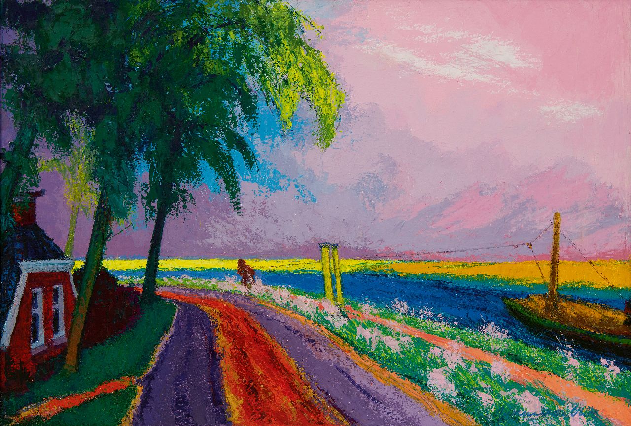 Vries J. de | Jannes de Vries, Jaagpad met schuit, olieverf op doek 55,0 x 80,3 cm, gesigneerd rechtsonder