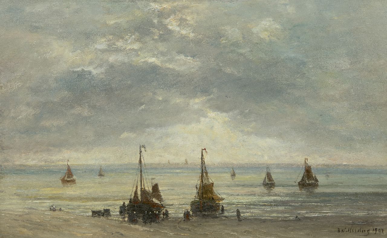 Mesdag H.W. | Hendrik Willem Mesdag, Bomschuiten aan de kust, olieverf op doek 48,9 x 78,6 cm, gesigneerd rechtsonder en te dateren 1893-1902 Mesdag H.W. | Hendrik Willem Mesdag, Bomschuiten aan de kust, olieverf op doek 48,9 x 78,6 cm, gesigneerd rechtsonder en te dateren 1893-1902