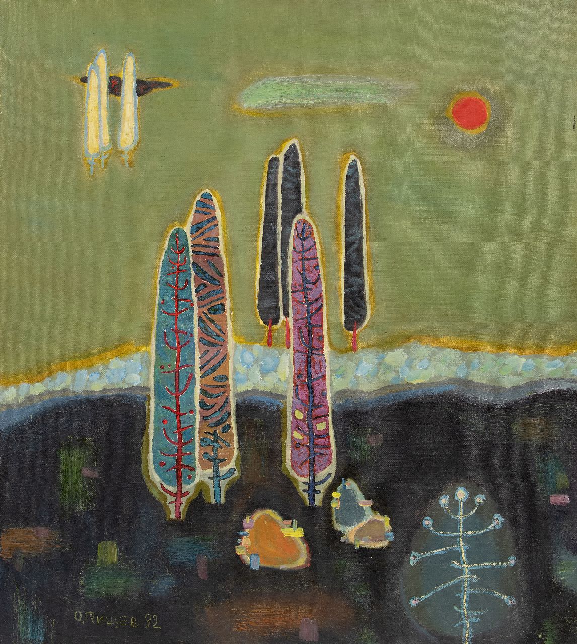 Pishchev O.  | Oleg Pishchev | Schilderijen te koop aangeboden | Echo van bomen, olieverf op doek 90,0 x 80,0 cm, gesigneerd linksonder en verso en gedateerd '92