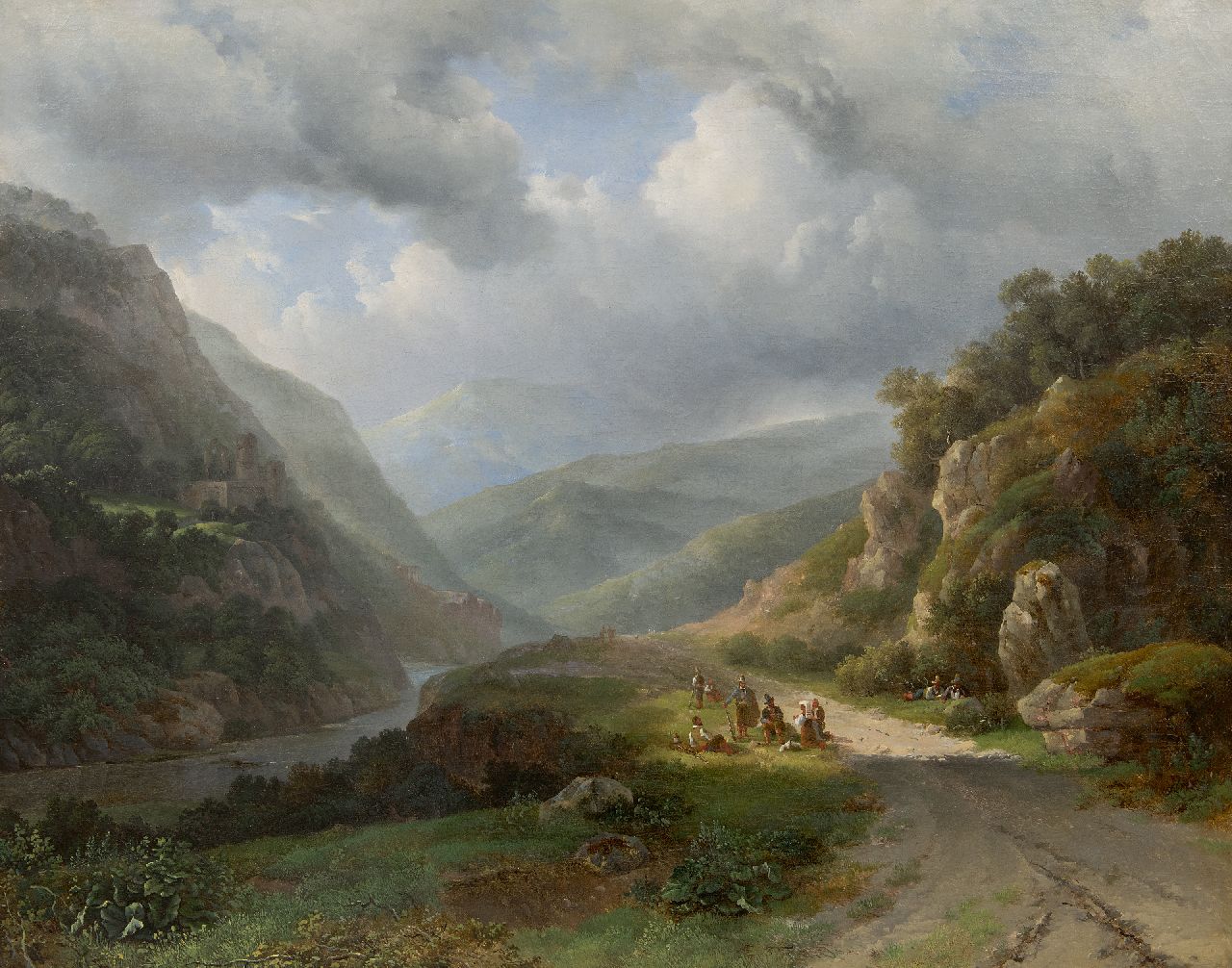 Meijer J.H.L. | Johan Hendrik 'Louis' Meijer | Schilderijen te koop aangeboden | Berglandschap met figuren, olieverf op doek 67,4 x 84,7 cm, gesigneerd links van het midden Meijer J.H.L. | Johan Hendrik 'Louis' Meijer | Schilderijen te koop aangeboden | Berglandschap met figuren, olieverf op doek 67,4 x 84,7 cm, gesigneerd links van het midden