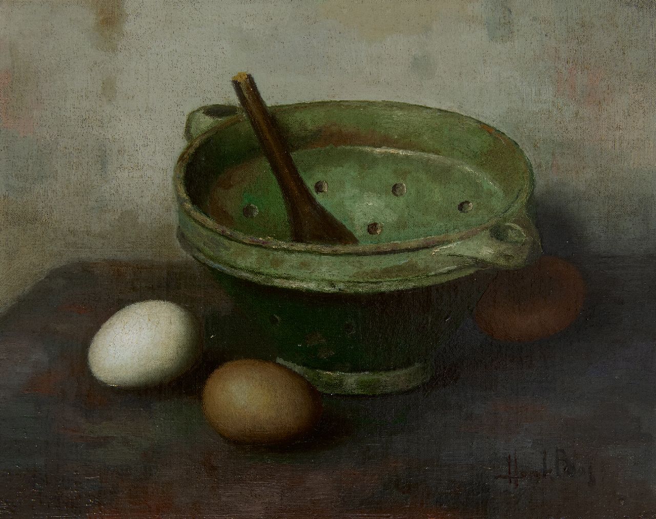 Henk Bos | Stilleven met stenen vergiet en eieren, olieverf op doek op paneel, 24,5 x 30,4 cm, gesigneerd r.o.