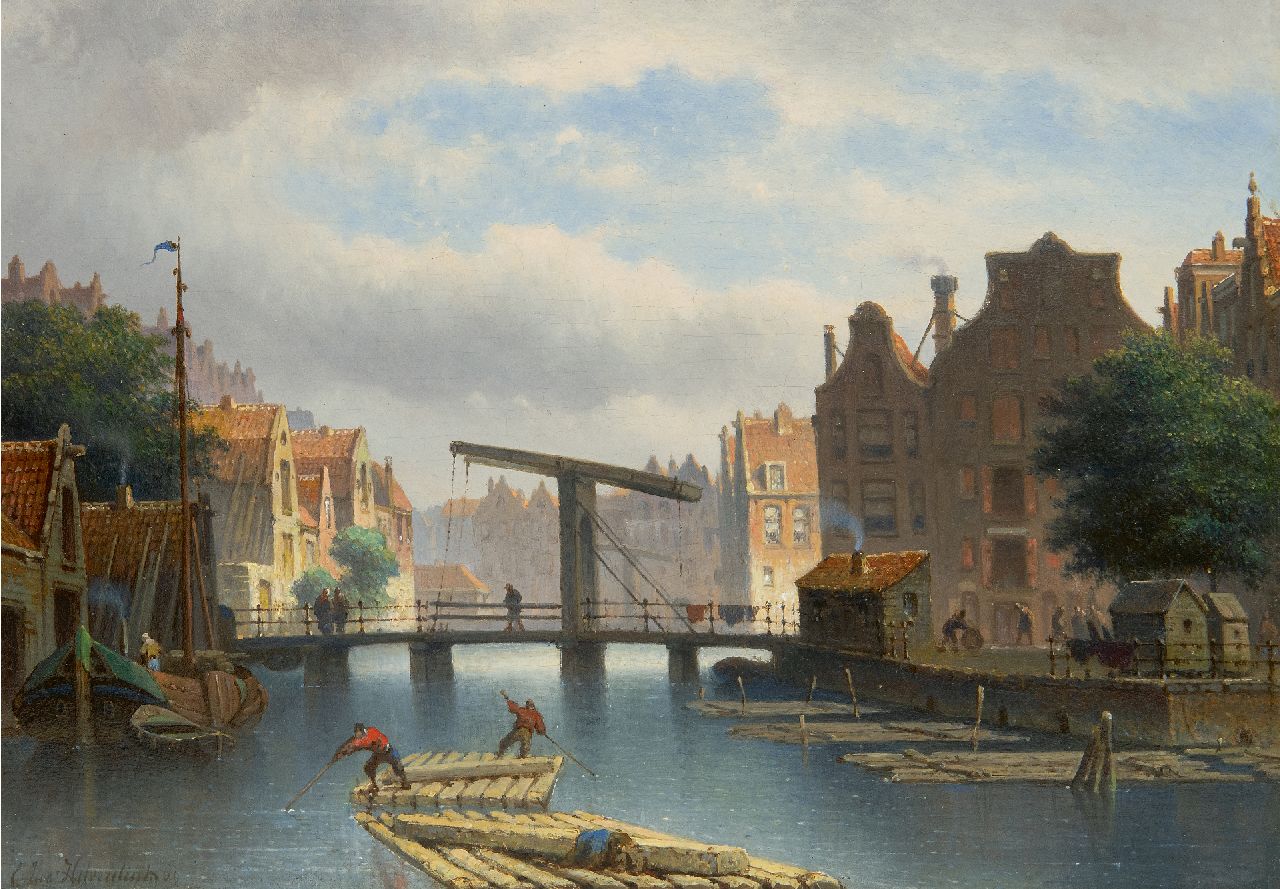 Hilverdink E.A. | Eduard Alexander Hilverdink, Amsterdams stadsgezicht (alleen tezamen met pendant), olieverf op paneel 22,9 x 32,0 cm, gesigneerd linksonder en gedateerd '69 Hilverdink E.A. | Eduard Alexander Hilverdink, Amsterdams stadsgezicht (alleen tezamen met pendant), olieverf op paneel 22,9 x 32,0 cm, gesigneerd linksonder en gedateerd '69