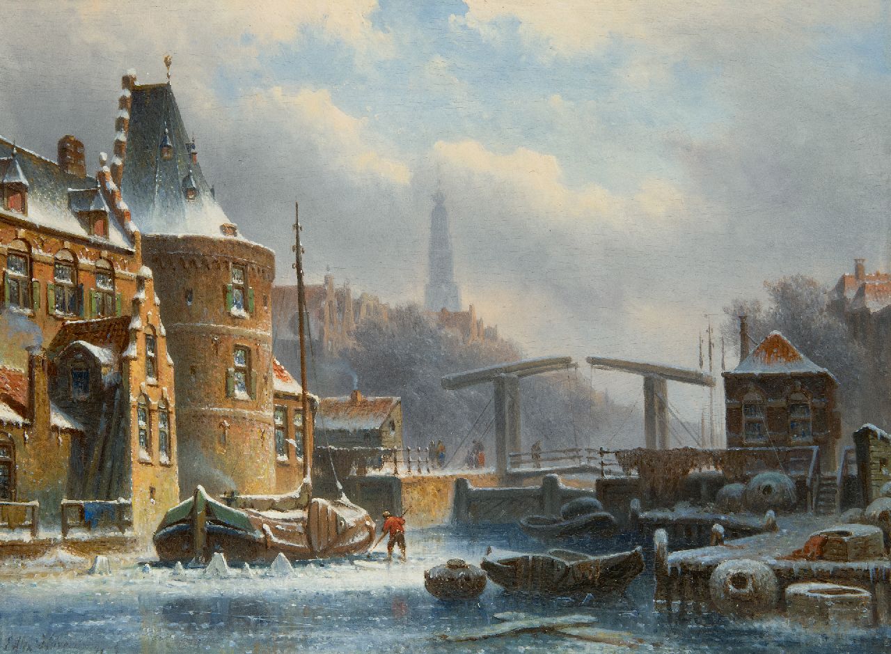 Hilverdink E.A.  | Eduard Alexander Hilverdink, Amsterdamse gracht in de winter (alleen tezamen met pendant), olieverf op paneel 23,2 x 31,5 cm, gesigneerd linksonder en gedateerd '69