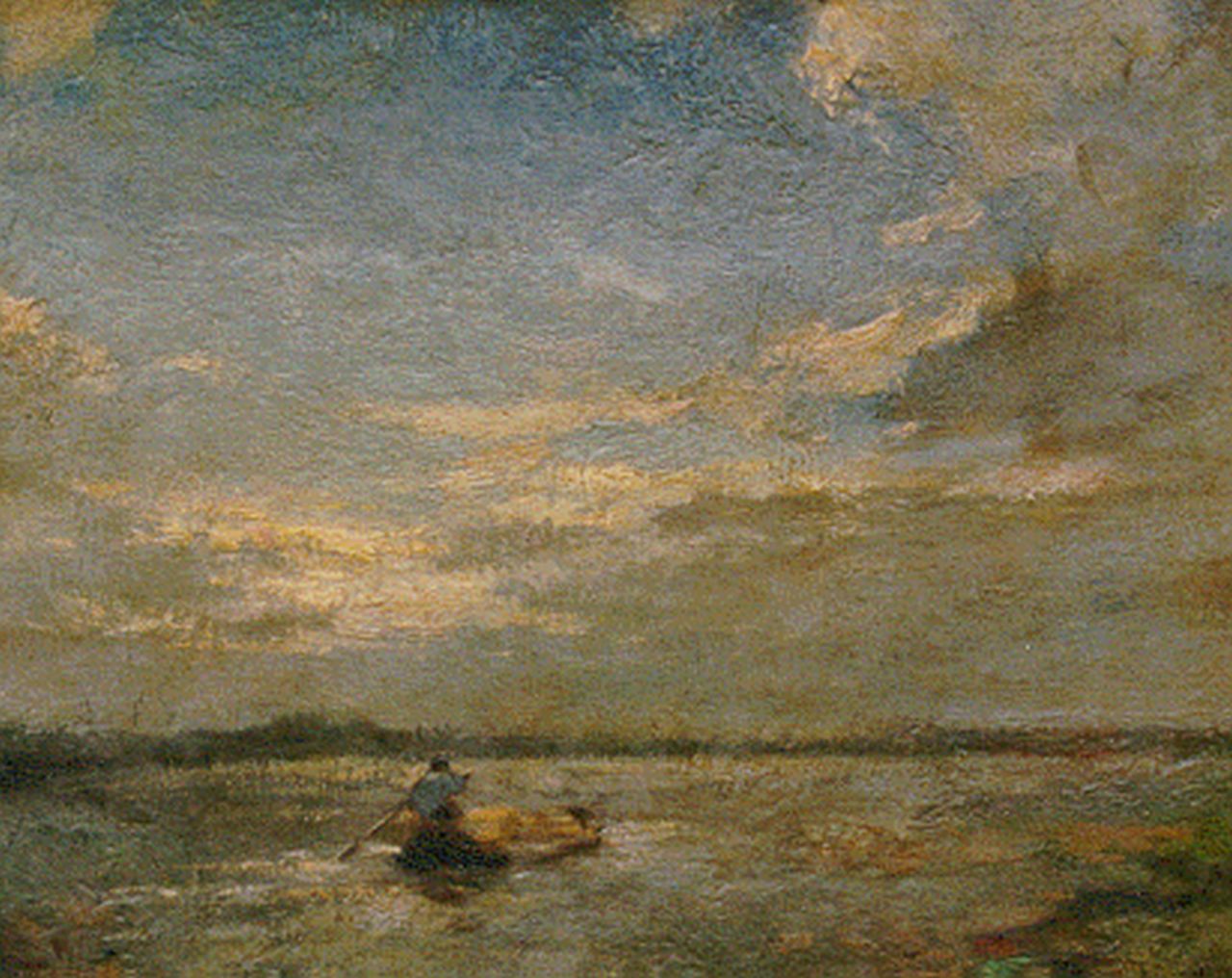 Leeuwen H. van | Hendrik 'Henk' van Leeuwen, Polderlandschap met man in roeiboot, 25,8 x 31,3 cm, gesigneerd rechtsonder Leeuwen H. van | Hendrik 'Henk' van Leeuwen, Polderlandschap met man in roeiboot, 25,8 x 31,3 cm, gesigneerd rechtsonder