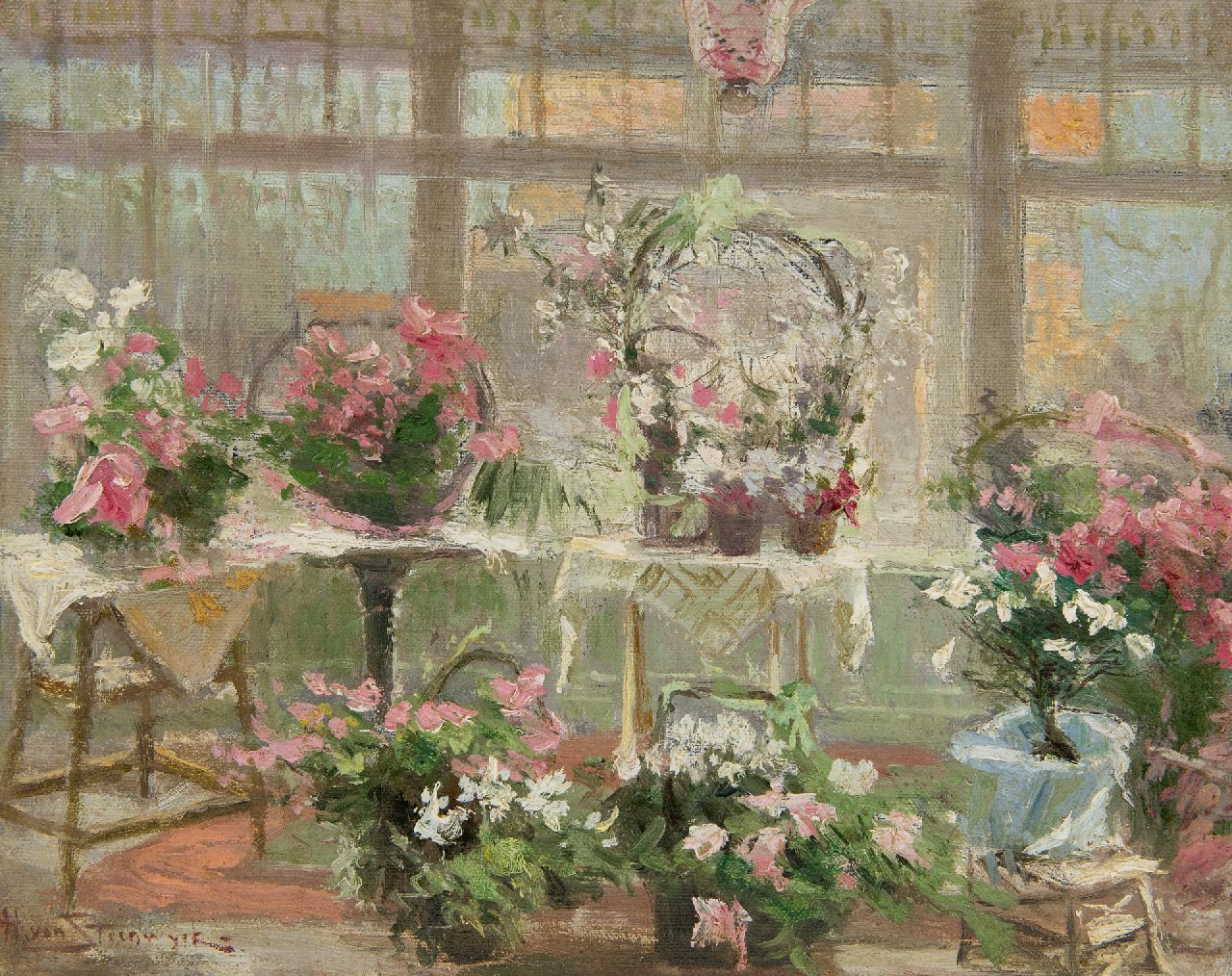Steenwijk H. van | Hendrik van Steenwijk | Schilderijen te koop aangeboden | Serre met bloeiende planten, olieverf op doek op paneel 29,9 x 36,8 cm, gesigneerd linksonder Steenwijk H. van | Hendrik van Steenwijk | Schilderijen te koop aangeboden | Serre met bloeiende planten, olieverf op doek op paneel 29,9 x 36,8 cm, gesigneerd linksonder