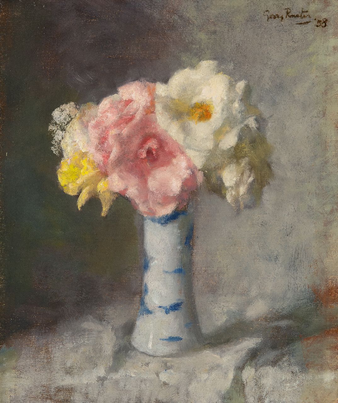 Rueter W.C.G. | Wilhelm Christian 'Georg' Rueter | Schilderijen te koop aangeboden | Rozen in een porseleinen vaasje, olieverf op doek 43,6 x 36,0 cm, gesigneerd rechtsboven en gedateerd '38 Rueter W.C.G. | Wilhelm Christian 'Georg' Rueter | Schilderijen te koop aangeboden | Rozen in een porseleinen vaasje, olieverf op doek 43,6 x 36,0 cm, gesigneerd rechtsboven en gedateerd '38