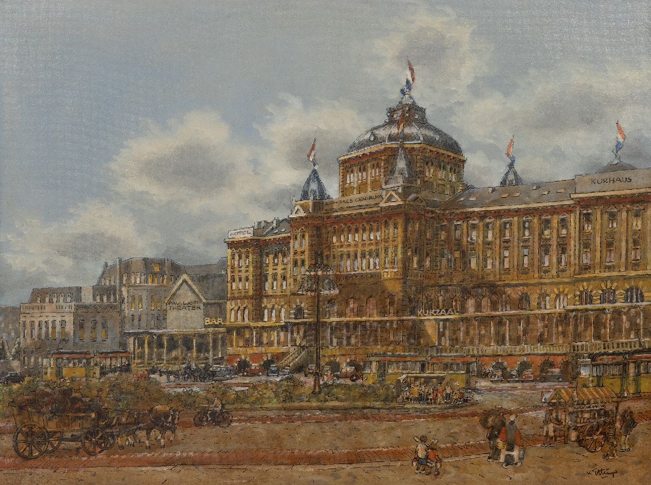 Carel van Ettinger | Het Kurhaus in Scheveningen, olieverf op board, 60,2 x 80,1 cm, gesigneerd r.o. (geen lijst) en gedateerd verso 'Scheveningen' augustus 1976