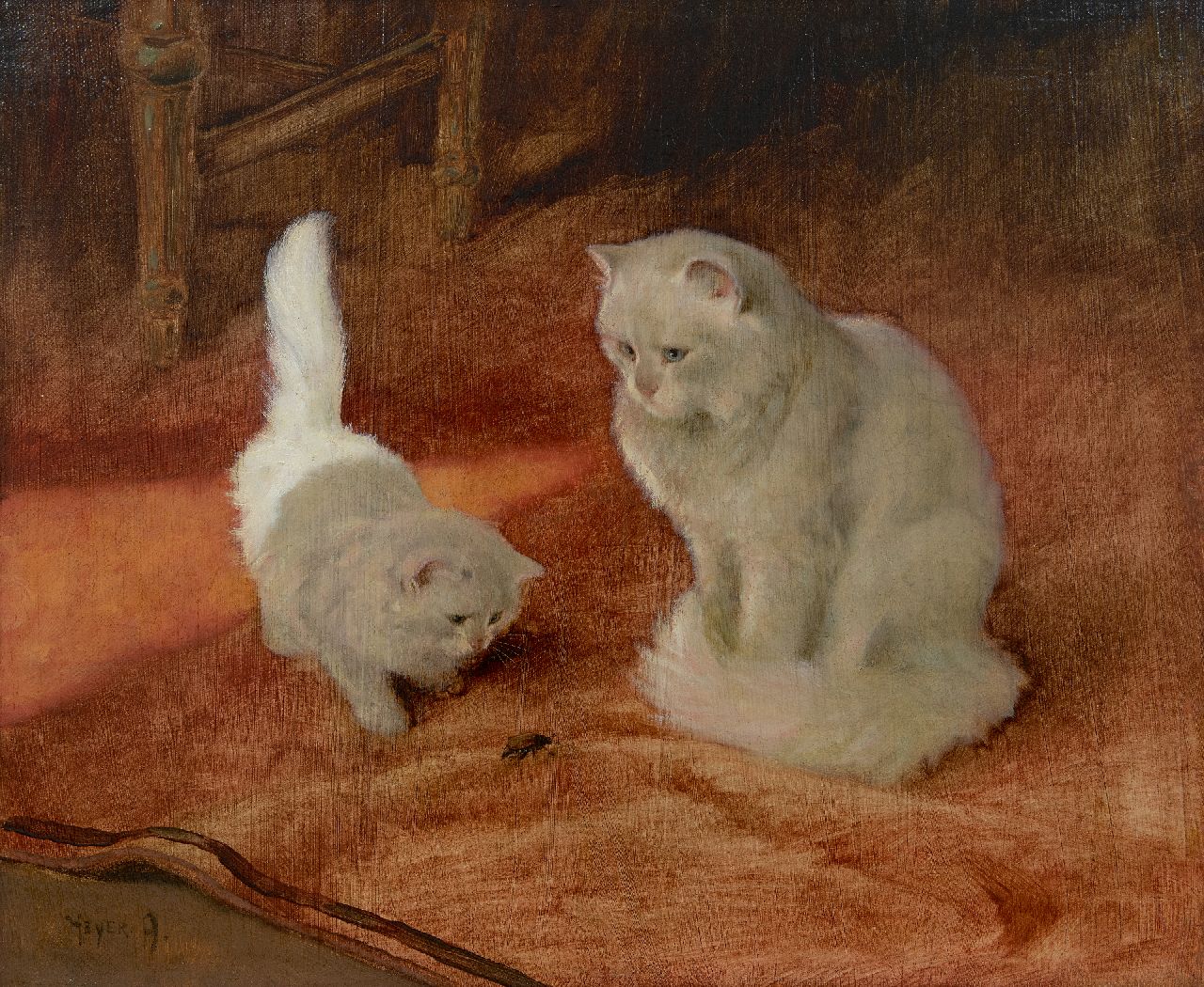 Heyer A.  | Arthur Heyer | Schilderijen te koop aangeboden | Angora kat en kitten met een kevertje, olieverf op board op doek 56,2 x 68,0 cm, gesigneerd linksonder