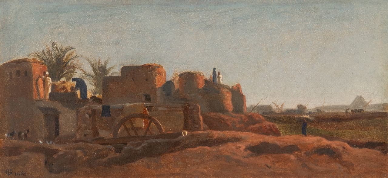 Goodall F.  | Frederick Goodall | Schilderijen te koop aangeboden | Dorp langs de Nijl met piramiden op de achtergrond, papier op doek 17,9 x 38,2 cm, gesigneerd linksonder met monogram en gedateerd 1858
