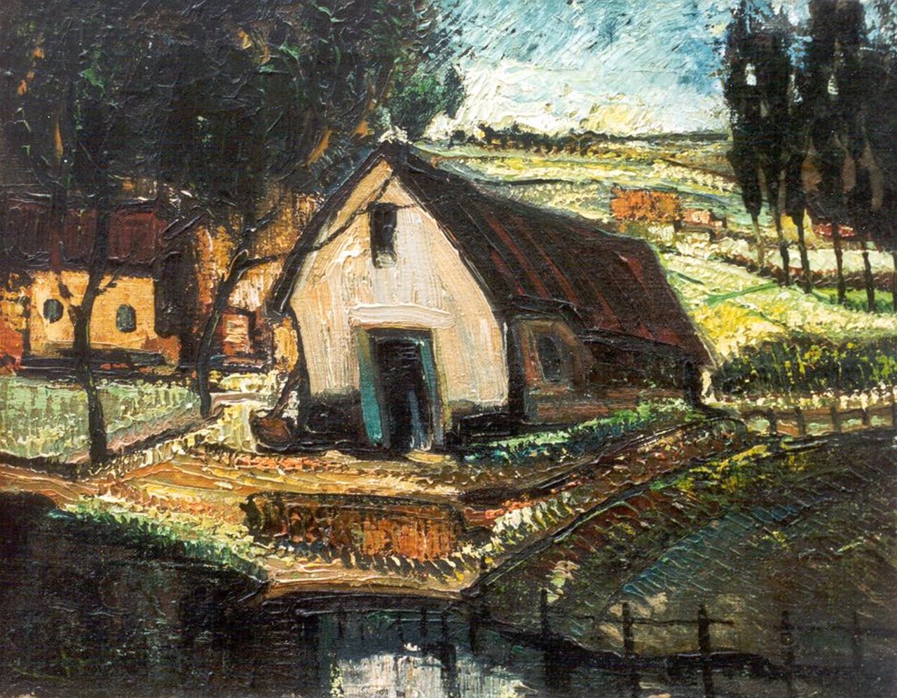 Mels J.W.A.A.M. | Jacobus Wilhelmus Aloijsius Adrianus Maria Mels, Boerderij, olieverf op doek 35,0 x 44,8 cm, gesigneerd linksonder + verso Mels J.W.A.A.M. | Jacobus Wilhelmus Aloijsius Adrianus Maria Mels, Boerderij, olieverf op doek 35,0 x 44,8 cm, gesigneerd linksonder + verso